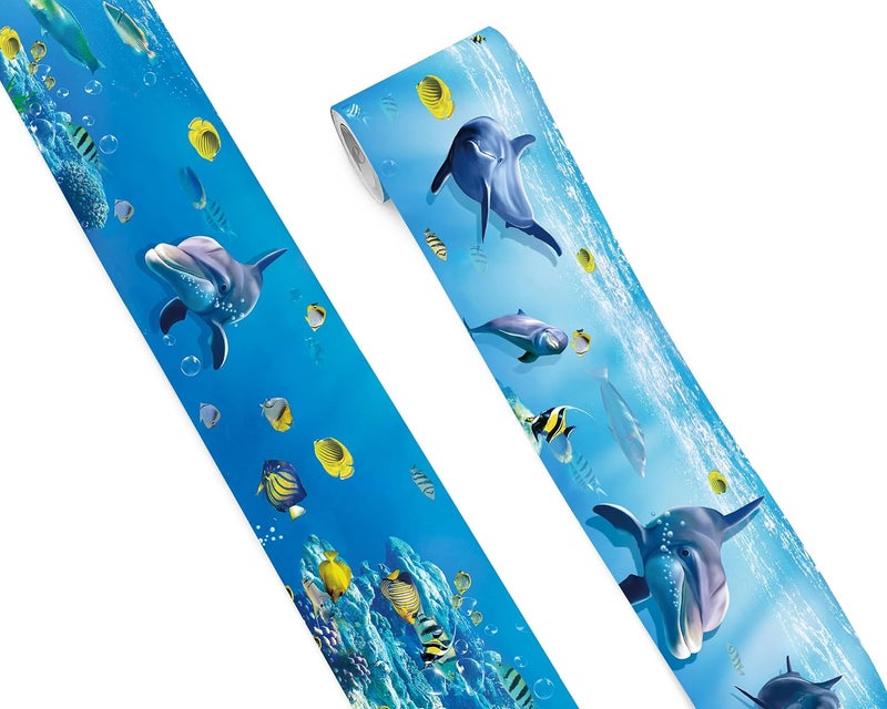 FLFK Peel and Stick Wallpaper Border Wall Decals for Kids Room - Under The Sea Fish Stickers Murals, 4" x 240" (Blue) - Image 1